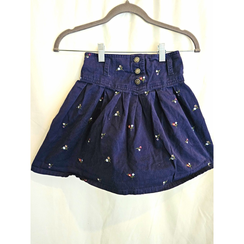 McKids Girls Pleated Skirt Size 8 Navy Blue Floral Embroidered Cotton Denim